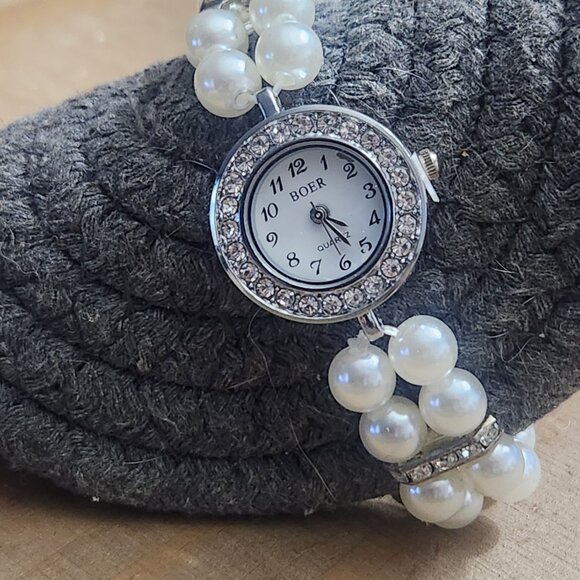 Boer Double Strand Cream Glass Pearl Bead Silver Tone Quartz Watch - Picture 6 of 8